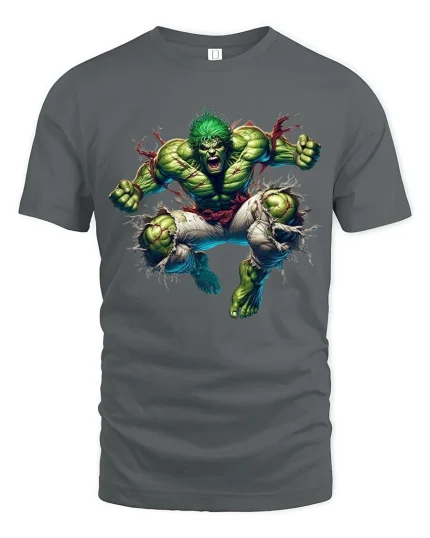 Angry Green Monster T Shirt Powerful Rage Smash Graphic Tee - gray t-shirt on white background