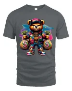 Gangster Teddy Bear T Shirt Funny Money Streetwear Graphic Tee - gray t-shirt on white background