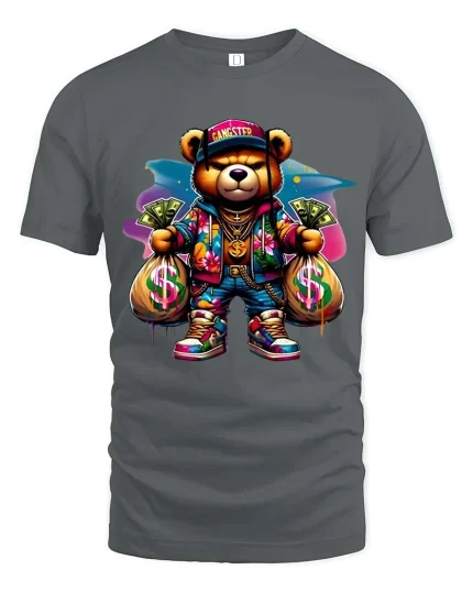 Gangster Teddy Bear T Shirt Funny Money Streetwear Graphic Tee - gray t-shirt on white background