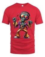 Funky Dancing Skeleton T Shirt Retro Disco Zombie Graphic Tee - red t-shirt on white background
