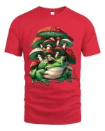 Cute Frog Mushroom T Shirt Fantasy Nature Cartoon Graphic Tee - red t-shirt on white background