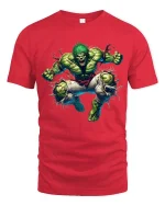 Angry Green Monster T Shirt Powerful Rage Smash Graphic Tee - red t-shirt on white background