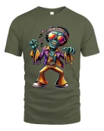 Funky Dancing Skeleton T Shirt Retro Disco Zombie Graphic Tee - military green t-shirt on white background