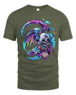 Colorful Grim Reaper T Shirt Neon Death Art Graphic Tee - military green t-shirt on white background