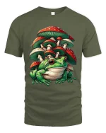 Cute Frog Mushroom T Shirt Fantasy Nature Cartoon Graphic Tee - military green t-shirt on white background