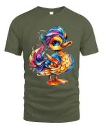 Colorful Cute Duck T Shirt Rainbow Cartoon Animal Graphic Tee - military green t-shirt on white background