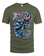 Cosmic Whale Galaxy T Shirt Colorful Ocean Space Art Tee - military green t-shirt on white background