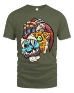Tribal Beast Mask T Shirt Colorful Savage Cartoon Graphic Tee - military green t-shirt on white background