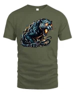 Fierce Black Panther T Shirt Glowing Eyes Wild Beast Graphic Tee - military green t-shirt on white background