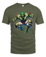 Angry Green Monster T Shirt Powerful Rage Smash Graphic Tee - military green t-shirt on white background