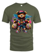 Gangster Teddy Bear T Shirt Funny Money Streetwear Graphic Tee - military green t-shirt on white background