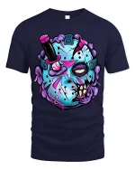 Zombie Hockey Mask Graphic T Shirt Creepy Funny Streetwear - navy t-shirt on white background