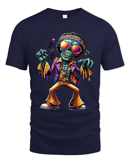 Funky Dancing Skeleton T Shirt Retro Disco Zombie Graphic Tee - navy t-shirt on white background