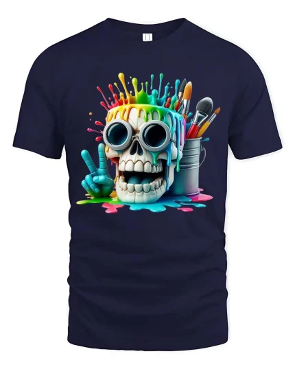 Paint Splash Skull T Shirt Funny Artist Graphic Colorful Tee - navy t-shirt on white background