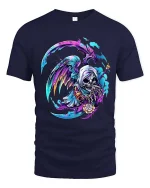 Colorful Grim Reaper T Shirt Neon Death Art Graphic Tee - navy t-shirt on white background