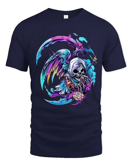 Colorful Grim Reaper T Shirt Neon Death Art Graphic Tee - navy t-shirt on white background