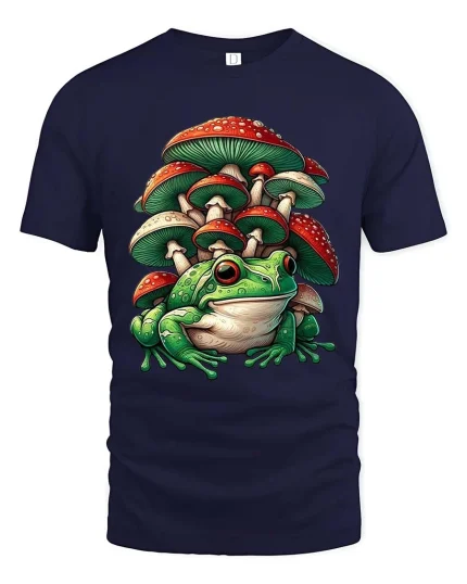 Cute Frog Mushroom T Shirt Fantasy Nature Cartoon Graphic Tee - navy t-shirt on white background