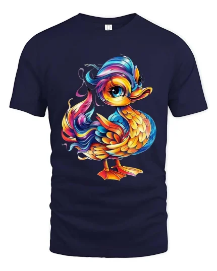 Colorful Cute Duck T Shirt Rainbow Cartoon Animal Graphic Tee - navy t-shirt on white background