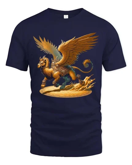 Mythical Griffin T Shirt Golden Winged Beast Fantasy Graphic Tee - navy t-shirt on white background