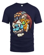 Tribal Beast Mask T Shirt Colorful Savage Cartoon Graphic Tee - navy t-shirt on white background