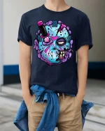 Zombie Hockey Mask Graphic T Shirt Creepy Funny Streetwear - model wearing navy tee with hands in pockets
