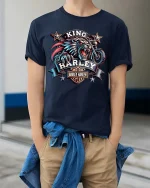 King Biker Wolf T Shirt Fierce Motorcycle Rider Graphic Tee - model wearing navy tee with hands in pockets