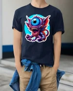 Funny One Eye Monster T Shirt Cute Creepy Cartoon Graphic Tee - model wearing navy tee with hands in pockets