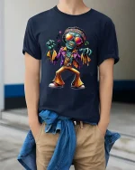 Funky Dancing Skeleton T Shirt Retro Disco Zombie Graphic Tee - model wearing navy tee with hands in pockets