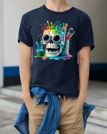 Paint Splash Skull T Shirt Funny Artist Graphic Colorful Tee - model wearing navy tee with hands in pockets