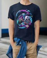 Colorful Grim Reaper T Shirt Neon Death Art Graphic Tee - model wearing navy tee with hands in pockets