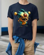 Cute Crazy Cyclops Monster T Shirt Funny Weird Creature Graphic Tee - model wearing navy tee with hands in pockets