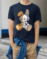 Cute Robot Teddy Bear T Shirt Kawaii Cyber Plush Graphic Tee - model wearing navy tee with hands in pockets