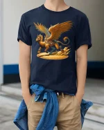 Mythical Griffin T Shirt Golden Winged Beast Fantasy Graphic Tee - model wearing navy tee with hands in pockets