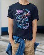 Cosmic Whale Galaxy T Shirt Colorful Ocean Space Art Tee - model wearing navy tee with hands in pockets