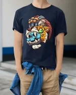 Tribal Beast Mask T Shirt Colorful Savage Cartoon Graphic Tee - model wearing navy tee with hands in pockets