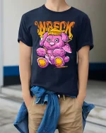 Wrecked Teddy Bear T Shirt Funny Dark Cute Plush Graphic Tee - model wearing navy tee with hands in pockets