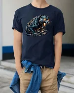 Fierce Black Panther T Shirt Glowing Eyes Wild Beast Graphic Tee - model wearing navy tee with hands in pockets