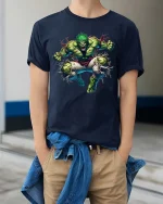 Angry Green Monster T Shirt Powerful Rage Smash Graphic Tee - model wearing navy tee with hands in pockets