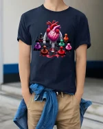 Walking Heart Chess T Shirt Funny Strategy Life Graphic Tee - model wearing navy tee with hands in pockets