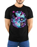 Zombie Hockey Mask Graphic T Shirt Creepy Funny Streetwear - model wearing black tee with hands behind back
