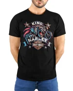 King Biker Wolf T Shirt Fierce Motorcycle Rider Graphic Tee - model wearing black tee with hands behind back