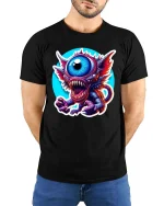 Funny One Eye Monster T Shirt Cute Creepy Cartoon Graphic Tee - model wearing black tee with hands behind back