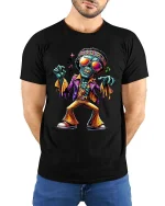 Funky Dancing Skeleton T Shirt Retro Disco Zombie Graphic Tee - model wearing black tee with hands behind back