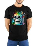 Paint Splash Skull T Shirt Funny Artist Graphic Colorful Tee - model wearing black tee with hands behind back