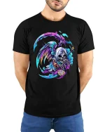 Colorful Grim Reaper T Shirt Neon Death Art Graphic Tee - model wearing black tee with hands behind back