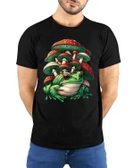 Cute Frog Mushroom T Shirt Fantasy Nature Cartoon Graphic Tee - model wearing black tee with hands behind back
