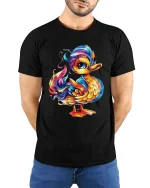 Colorful Cute Duck T Shirt Rainbow Cartoon Animal Graphic Tee - model wearing black tee with hands behind back