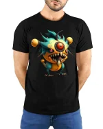 Cute Crazy Cyclops Monster T Shirt Funny Weird Creature Graphic Tee - model wearing black tee with hands behind back