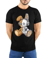 Cute Robot Teddy Bear T Shirt Kawaii Cyber Plush Graphic Tee - model wearing black tee with hands behind back
