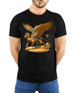 Mythical Griffin T Shirt Golden Winged Beast Fantasy Graphic Tee - model wearing black tee with hands behind back